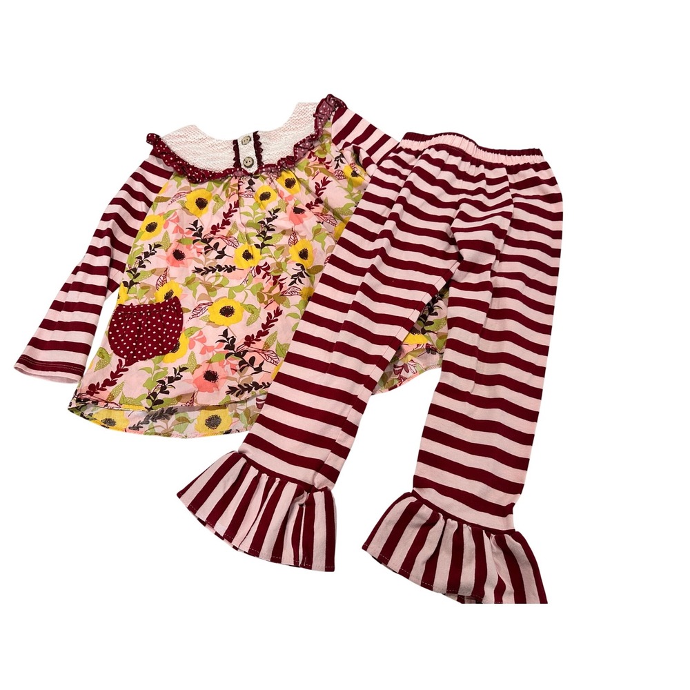 Counting Daisies Girls Floral Sunflower Top & Stripe Ruffle Pants Set‎ Size 6
